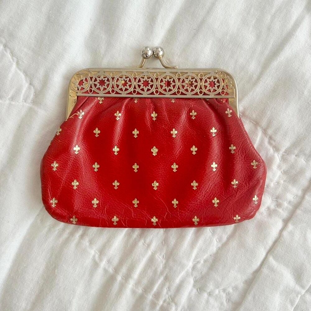 Beautiful Vintage Italian Leather Fleur de Lis Red & Gold Kisslock Coin Purse